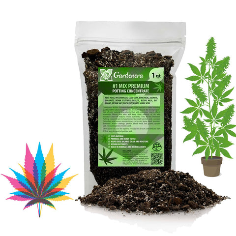 Gardenera Just-Add-Water potting soil mix bag close-up showing a nutrient-rich blend for hemp cultivation.