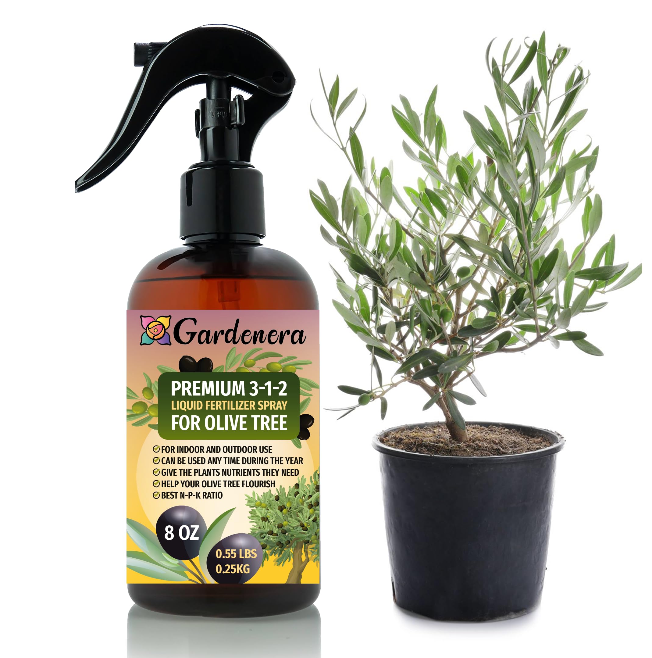 Gardenera olive tree spray mist bottle promotes lush leaves and growth