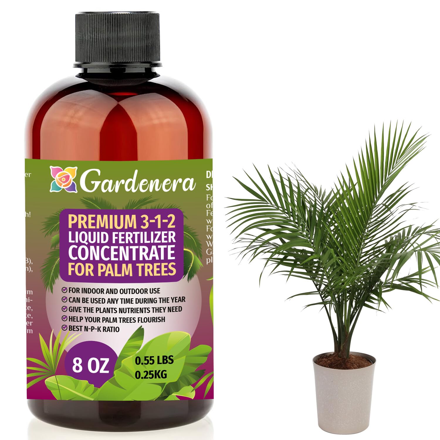 Gardenera palm fertilizer bottle showing 3-1-2 pour for vibrant indoor palms.