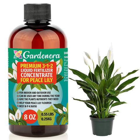 Gardenera Peace Lily fertilizer bottle with balanced 3-1-2 formula for vibrant indoor blooms.