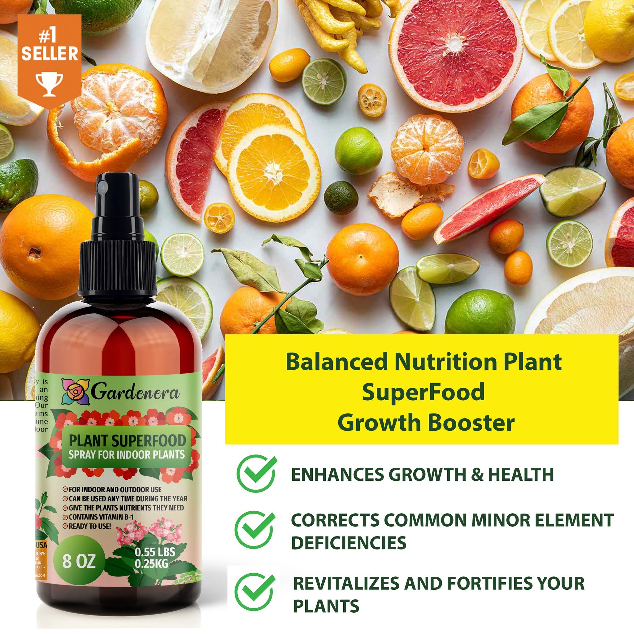 Gardenera Plant Superfood bottle shown for easy plant nutrition application.