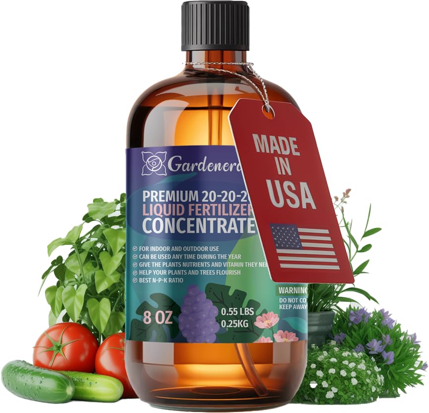 Gardenera Premium 20-20-20 bottle pouring for indoor plants promotes balanced, healthy growth.