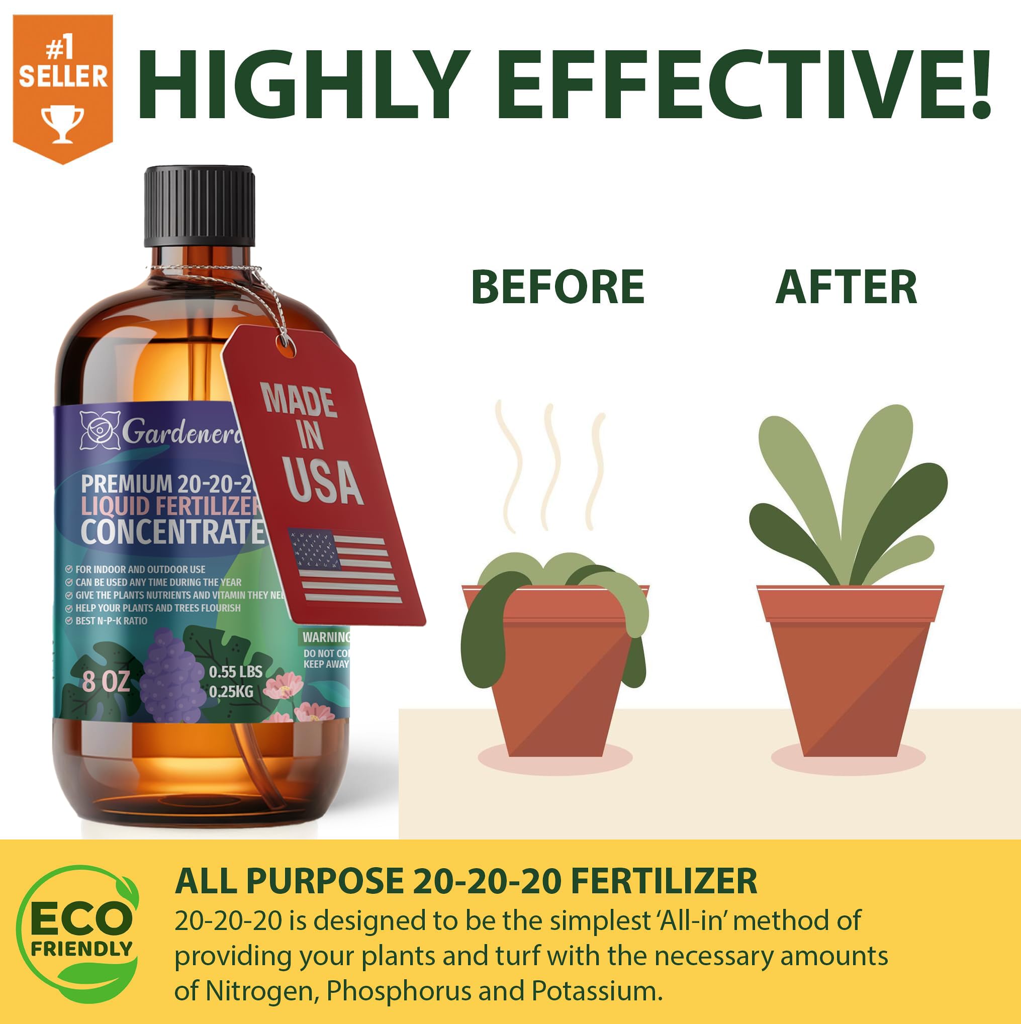Gardenera premium liquid fertilizer shown in garden with vegetables and blooms.