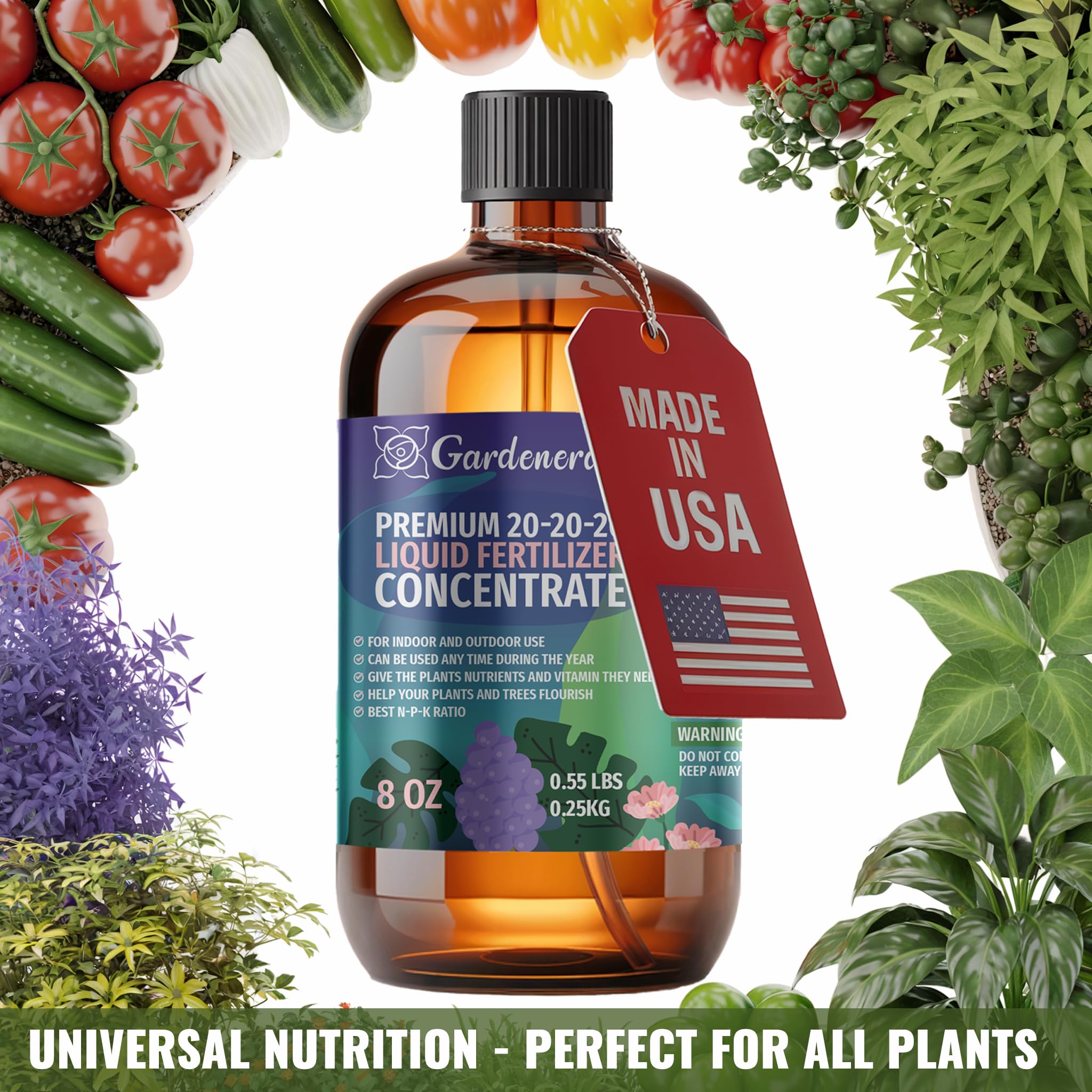 Gardenera 20-20-20 outdoors feeding boosts lawn lushness and vibrant blooms.