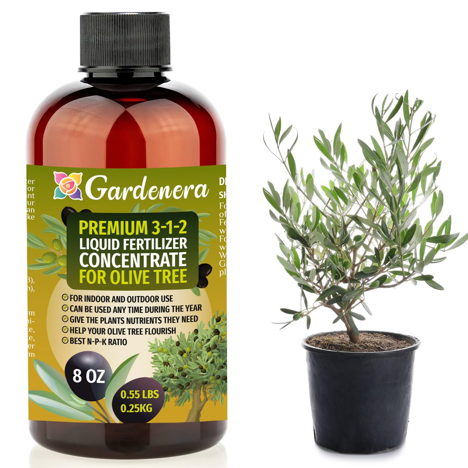 Gardenera Premium olive tree fertilizer bottle boosts indoor olive trees with balanced nutrients.