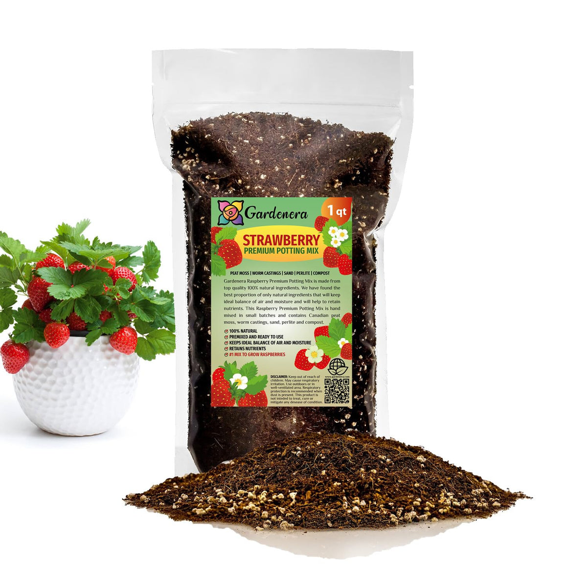 Gardenera Strawberry Potting Mix with premium blend supports vibrant container-grown strawberries.