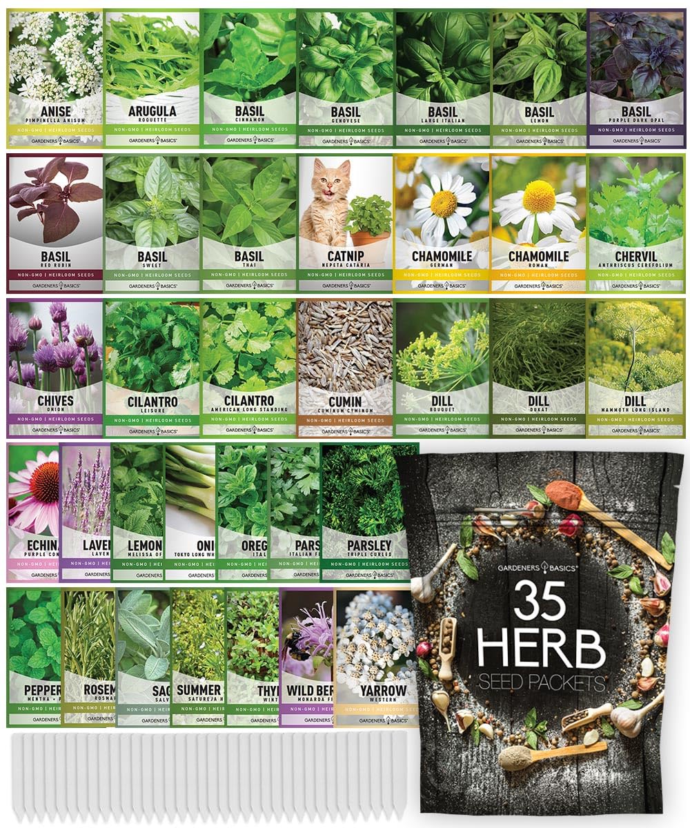 Gardeners Basics 35-seed variety pack ready for storage and apothecary planning.