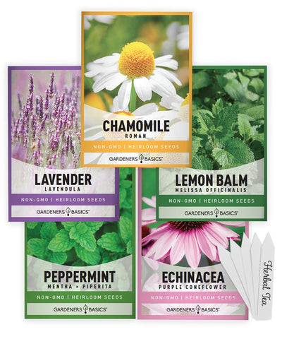 Gardeners Basics 5-varieties herbal tea seeds pack for indoor or outdoor gardens for fresh tea blends.