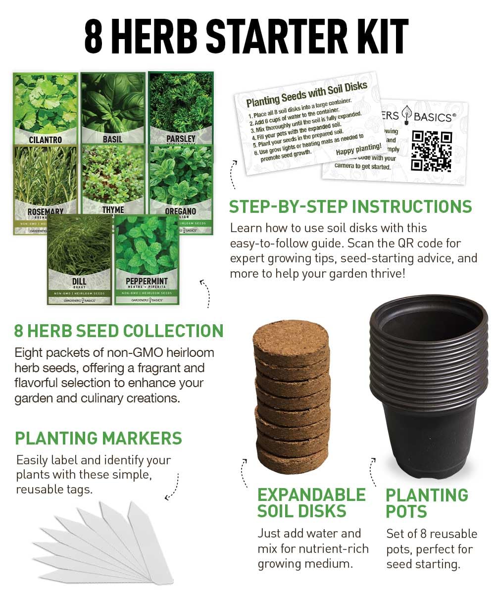 Gardeners Basics starter pots and soil disks ready for indoor germination.