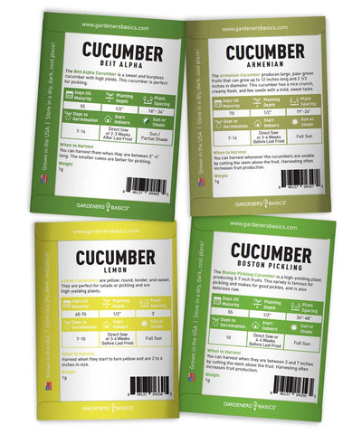 Gardeners Basics Boston Pickling cucumber seeds for compact plants and crisp pickles.