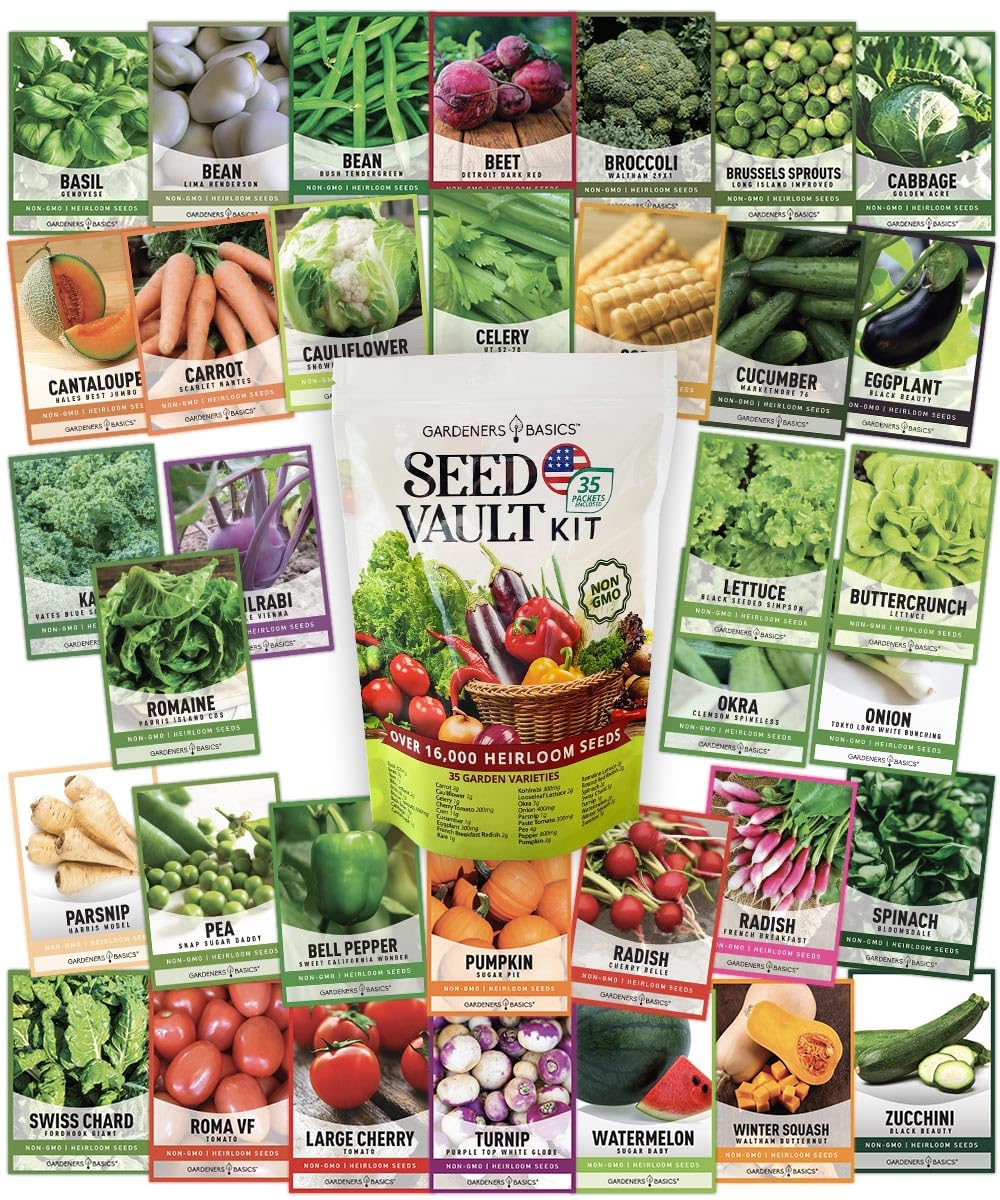 Gardeners Basics heritage seed varieties packets arranged for diverse crops and seed saving opportunities