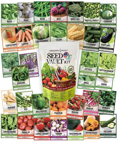 Gardeners Basics heritage seed varieties packets arranged for diverse crops and seed saving opportunities