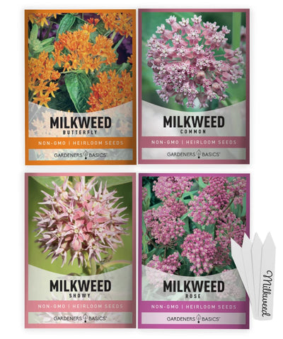 Gardeners Basics Milkweed Rose Seeds packet ready for monarch-friendly pollinator gardens.