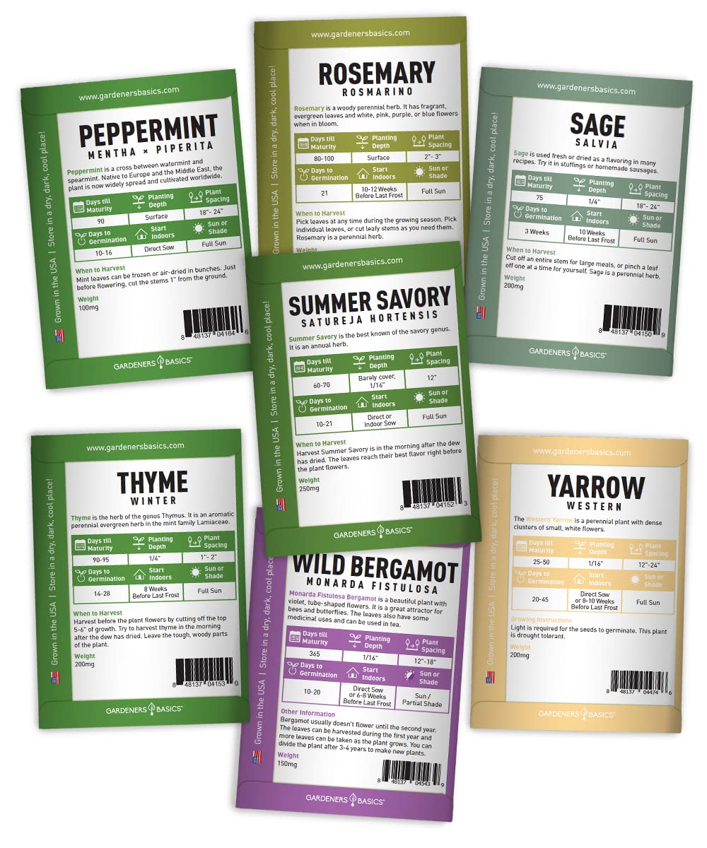 Gardeners Basics seed packets shown for a complete medicinal garden setup.