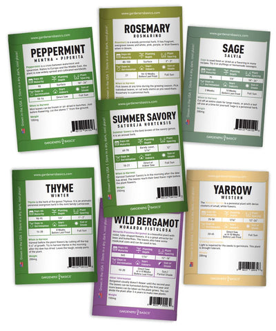 Gardeners Basics seed packets shown for a complete medicinal garden setup.