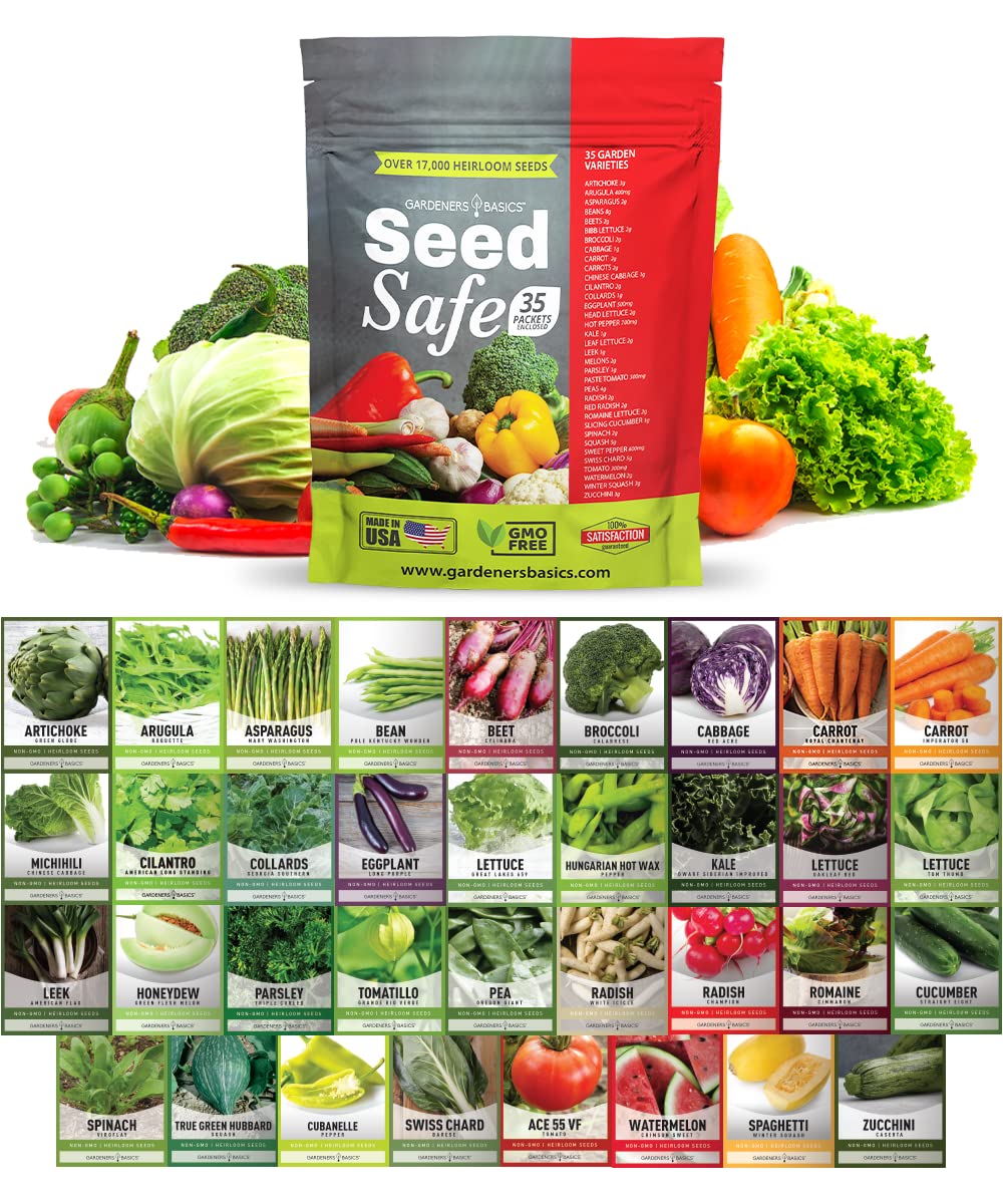 Gardeners Basics Seed Safe Kit packaging highlights 35 heirloom seeds for beginners
