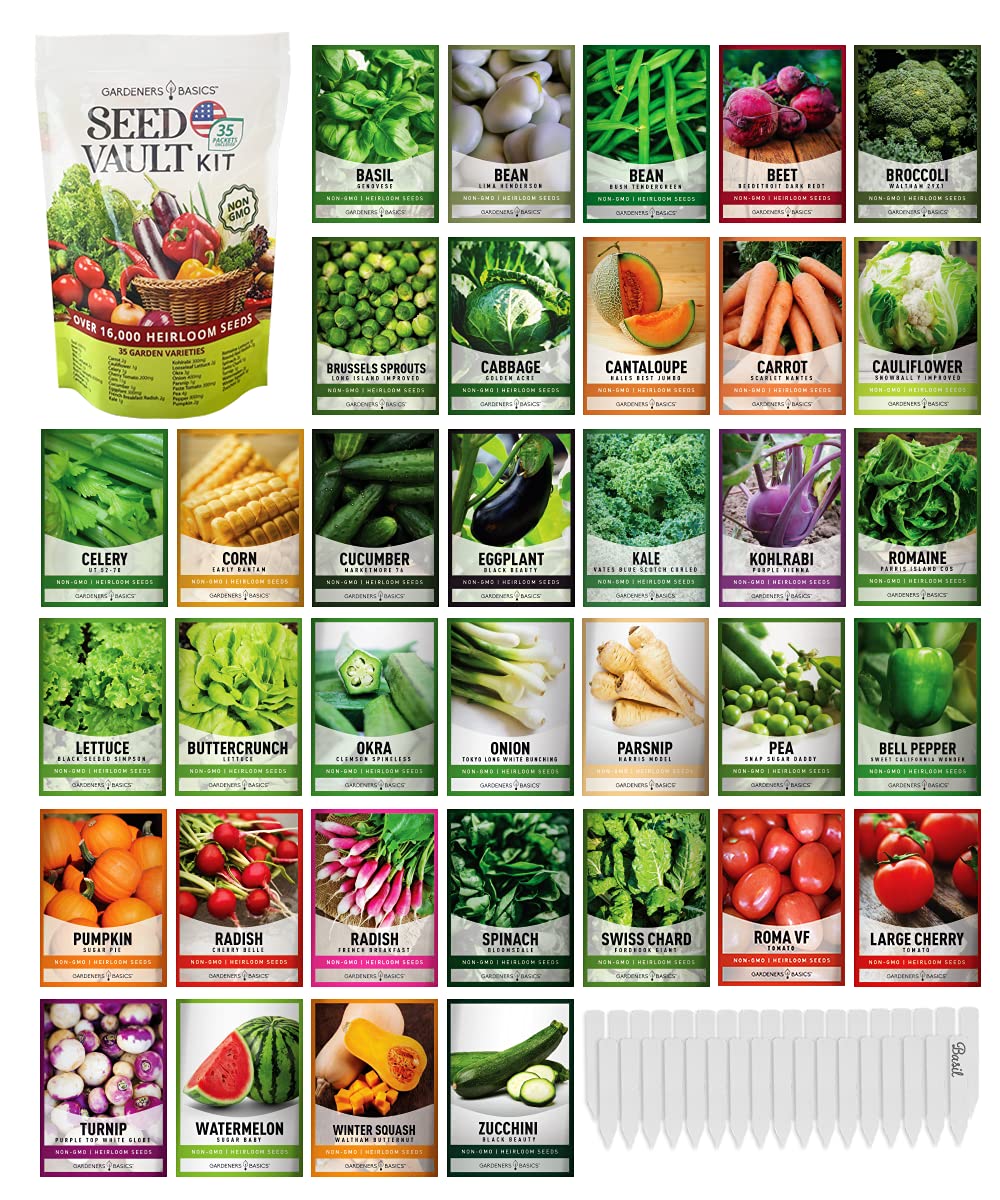 Gardeners Basics survival seed packets display 35 heirloom varieties for diverse home gardens and emergency prep.