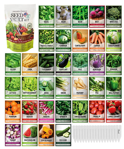 Gardeners Basics survival seed packets display 35 heirloom varieties for diverse home gardens and emergency prep.
