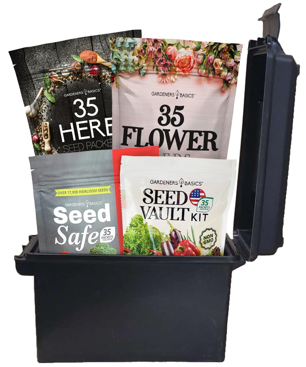 Gardeners Basics Ultimate Survival Seed Kit box shows 140 varieties for self-sufficient gardening