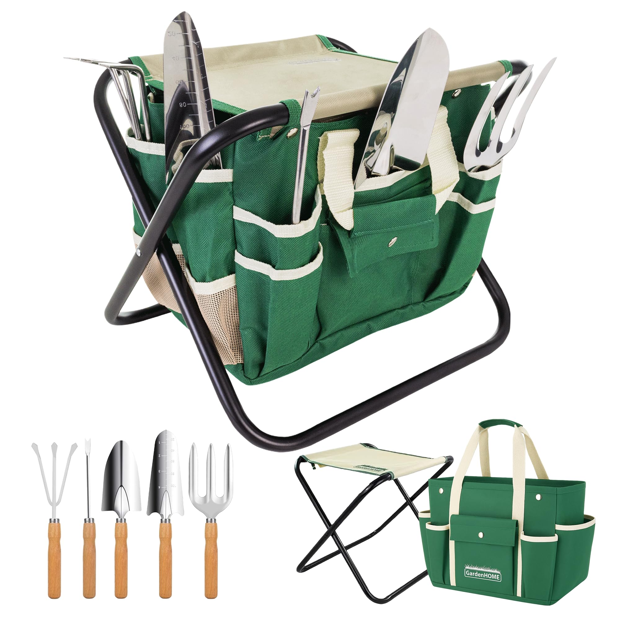 GardenHOME 7-piece green tool set with stainless steel heads for durable gardening tasks.