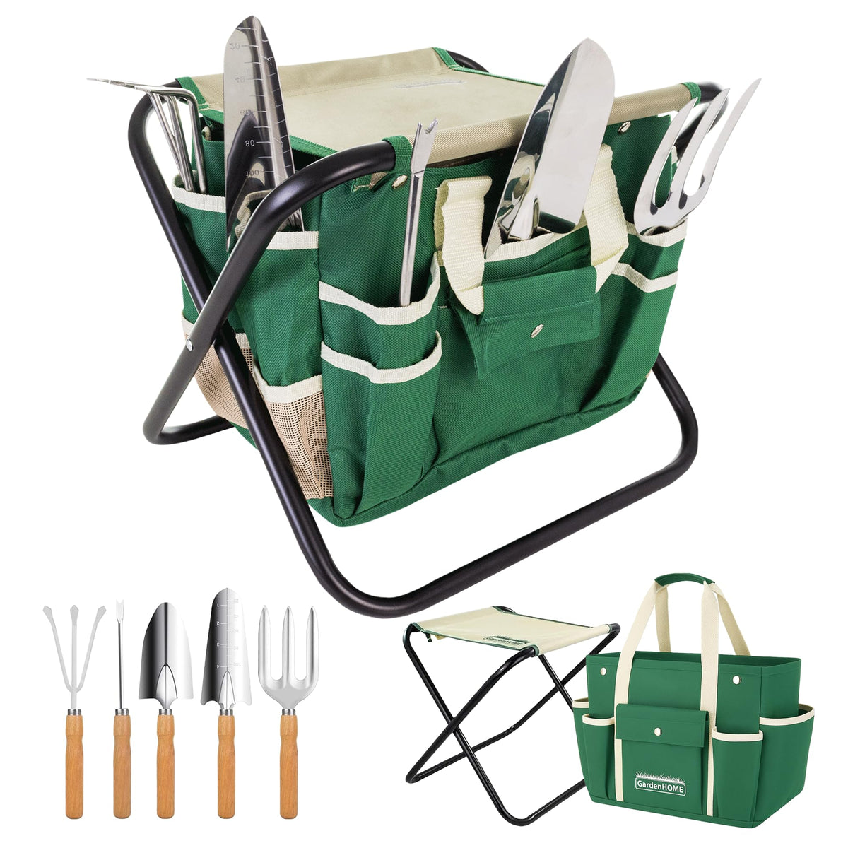 GardenHOME 7-piece green tool set with stainless steel heads for durable gardening tasks.