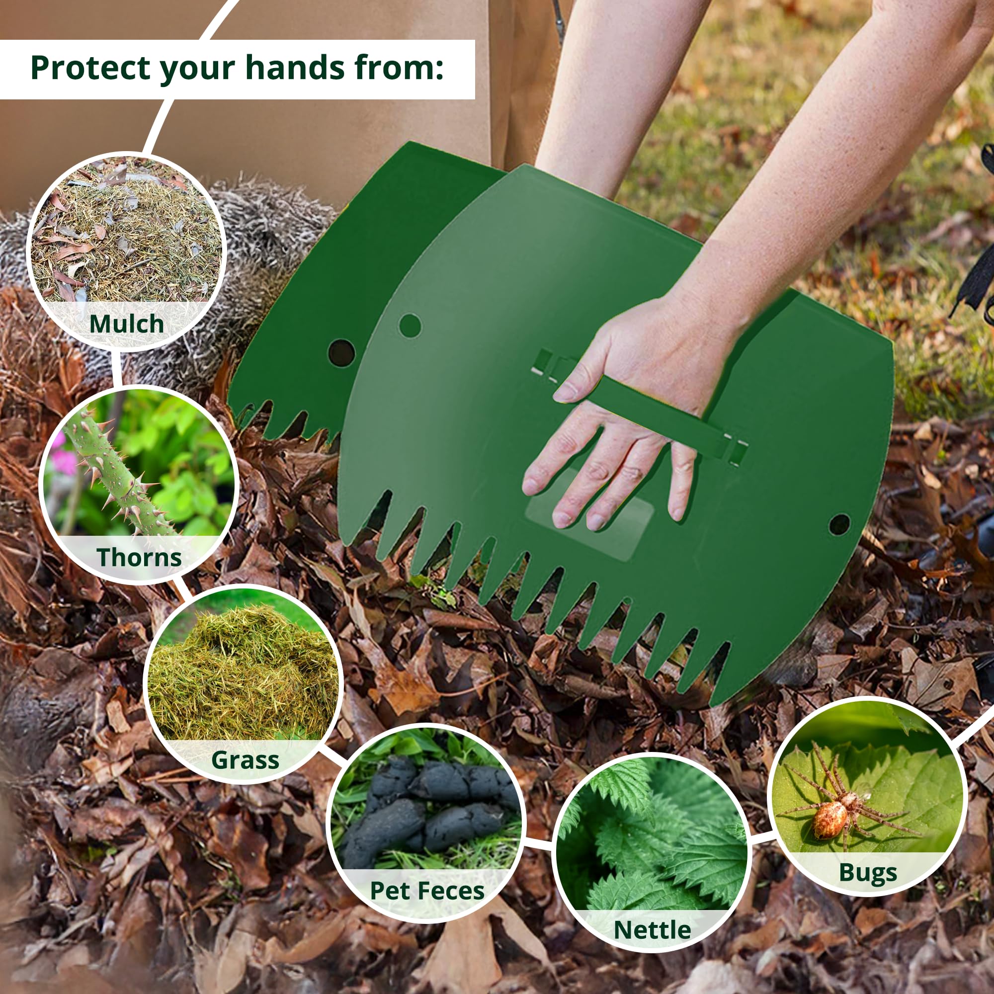 GardenHOME Leaf grabbers in use for leaves, grass clippings, and mulch collection.
