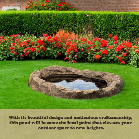 Gardenised sandstone-beige pond showcases natural rock look and gentle waterfall.