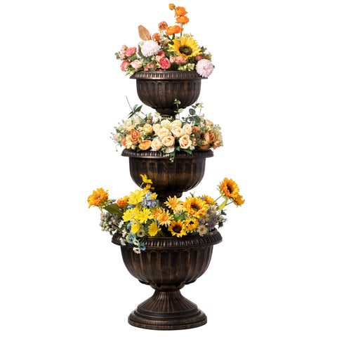 Gardenised triple-stack flower bowl urn bronze with flowers demonstrates multi-level planting.