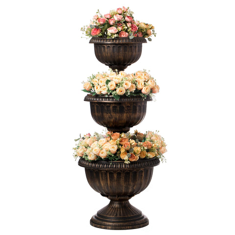 Gardenised triple-stack flower bowl urn bronze overview, highlighting an elegant outdoor display.