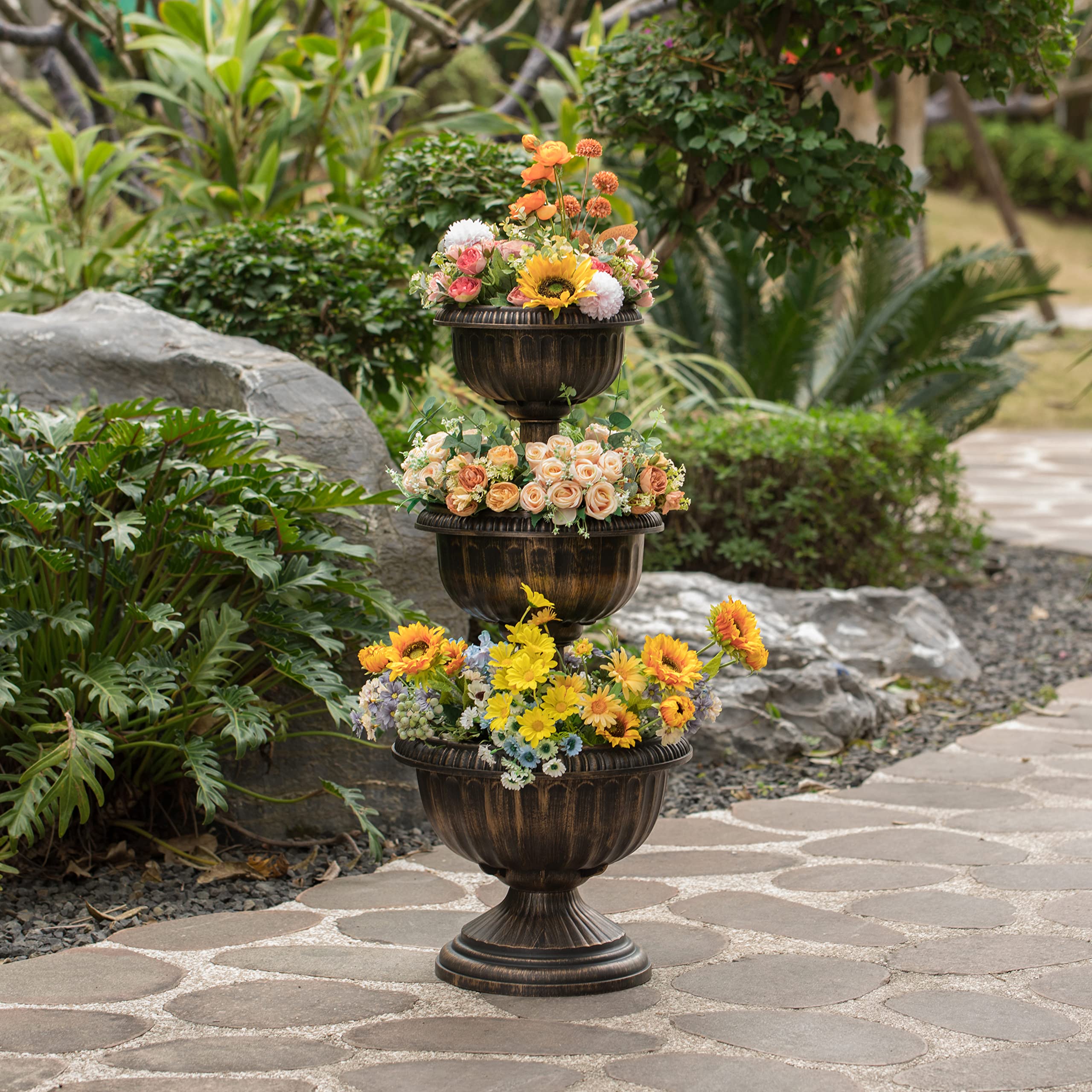 Gardenised triple-stack flower bowl urn bronze side view emphasizing height.