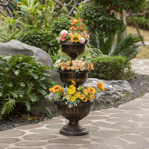 Gardenised triple-stack flower bowl urn bronze side view emphasizing height.