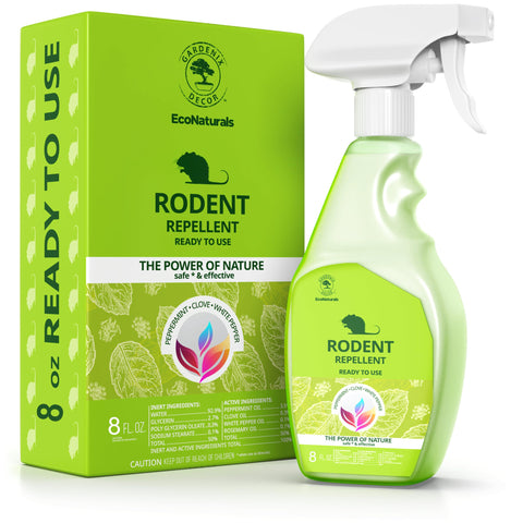 Gardenix Decor peppermint spray label shows peppermint, clove, and rosemary oils for natural deterrence.