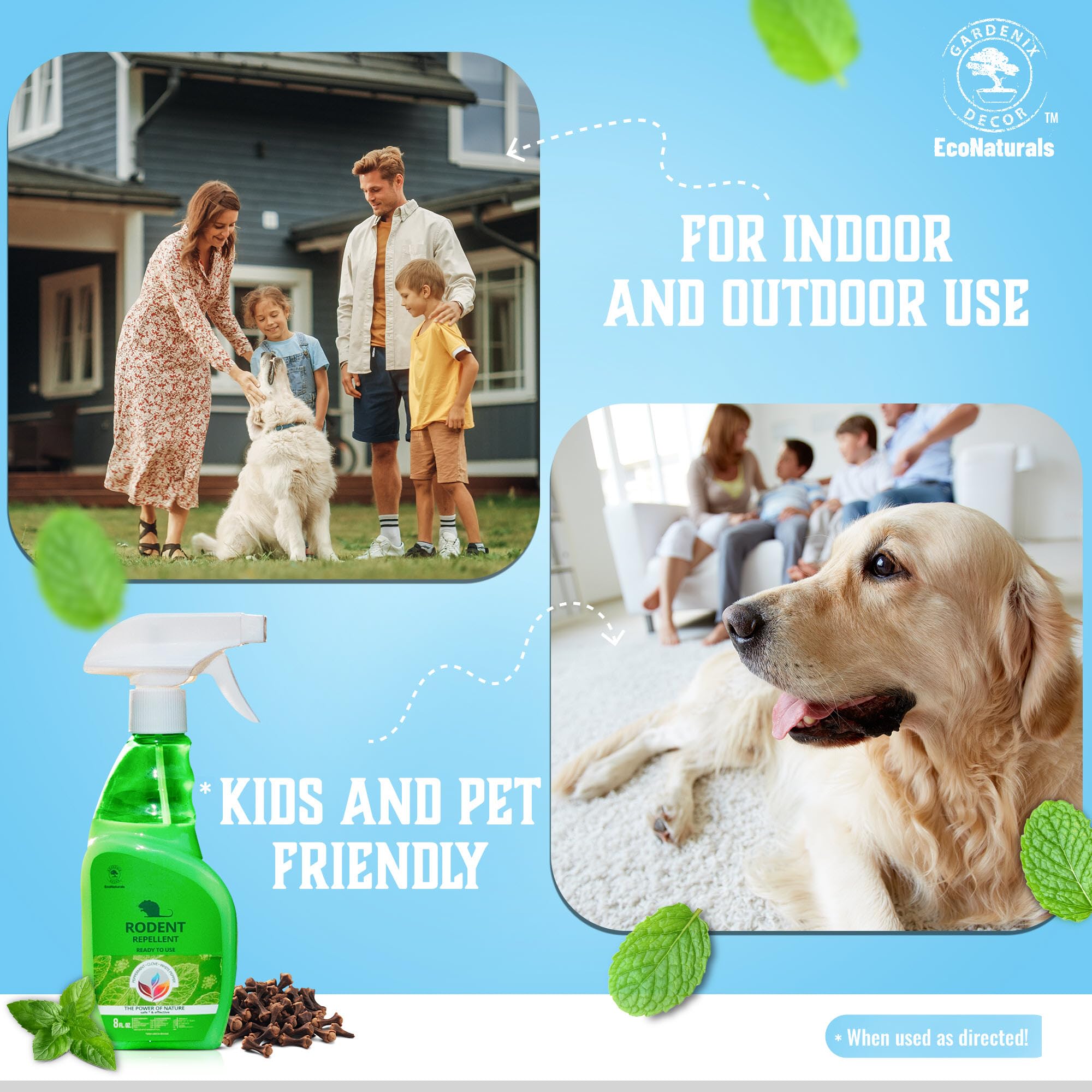 Gardenix Decor peppermint spray highlights natural oils for pest deterrence near pets.