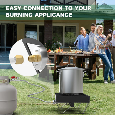 GardenNow outdoor cooking setup with regulator connected to grill.