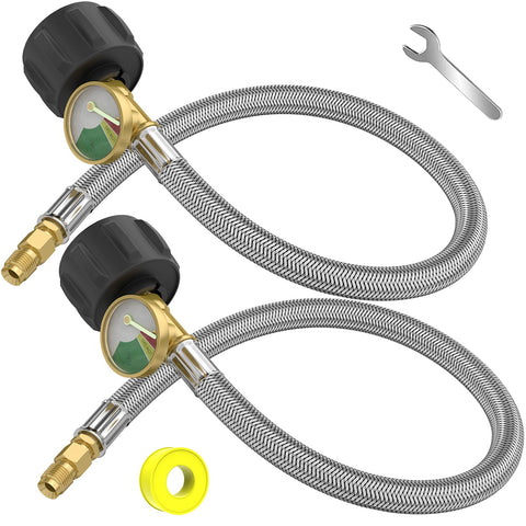 GardenNow RV propane hose with gauge for easy level monitoring.
