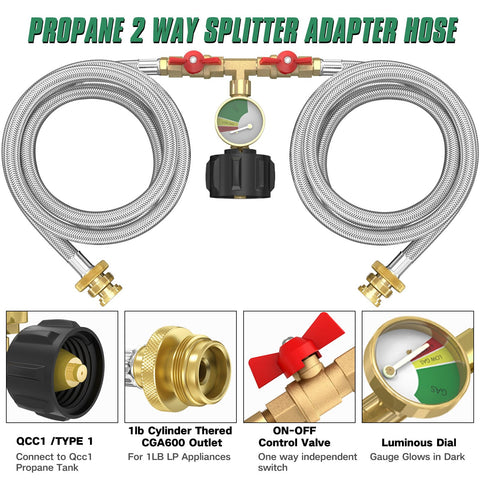 GardenNow two-way propane splitter with gauge and shut-off valve for precise flow control