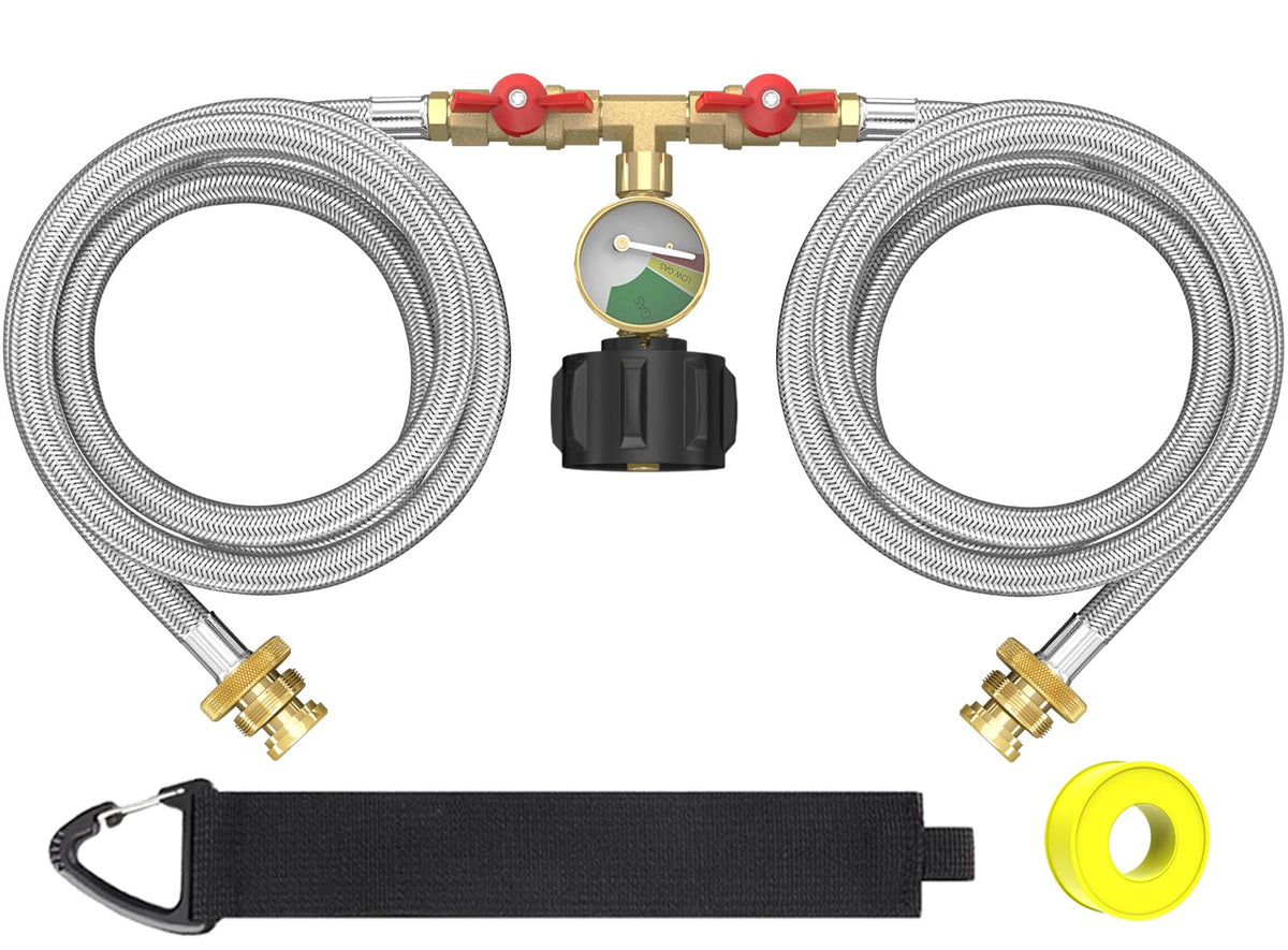 GardenNow upgraded stainless braided 5ft propane splitter hose for durable dual-use