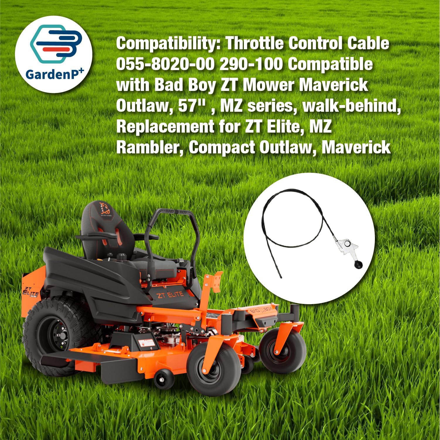 Close-up of GardenP+ throttle cable connector for durable mower control.