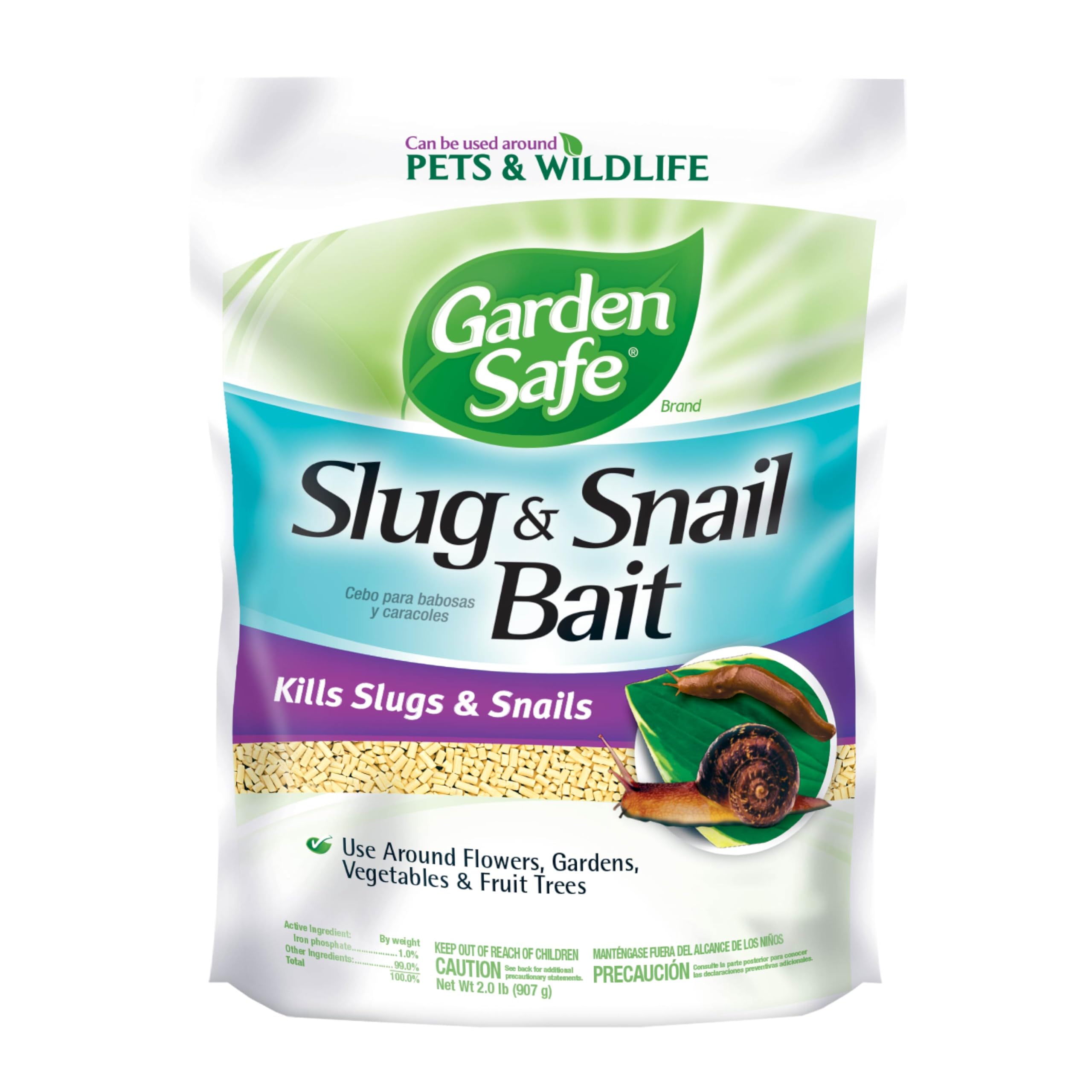 Garden Safe slug-snail bait granules close-up for organic pest control.
