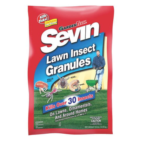 Gardentech Sevin lawn insect granules bag ready for perimeter pest protection.