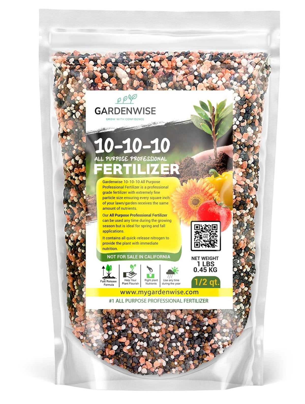 GardenWise 10-10-10 fertilizer bottle showing balanced nutrients for versatile outdoor use.