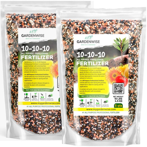 GardenWise 10-10-10 granular fertilizer for outdoor and indoor plants supports balanced growth.