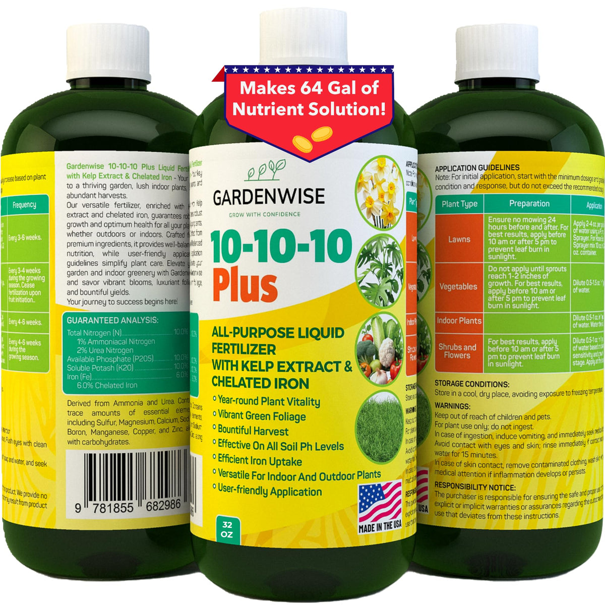 Gardenwise 10-10-10 liquid fertilizer bottle pour supports even application for indoor and outdoor plants.
