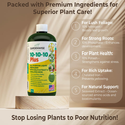 Gardenwise 10-10-10 label closeup highlights balanced NPK and seaweed enrichment.