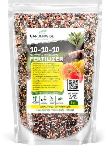GardenWise 10-10-10 granular fertilizer bag promotes steady outdoor plant nutrition.
