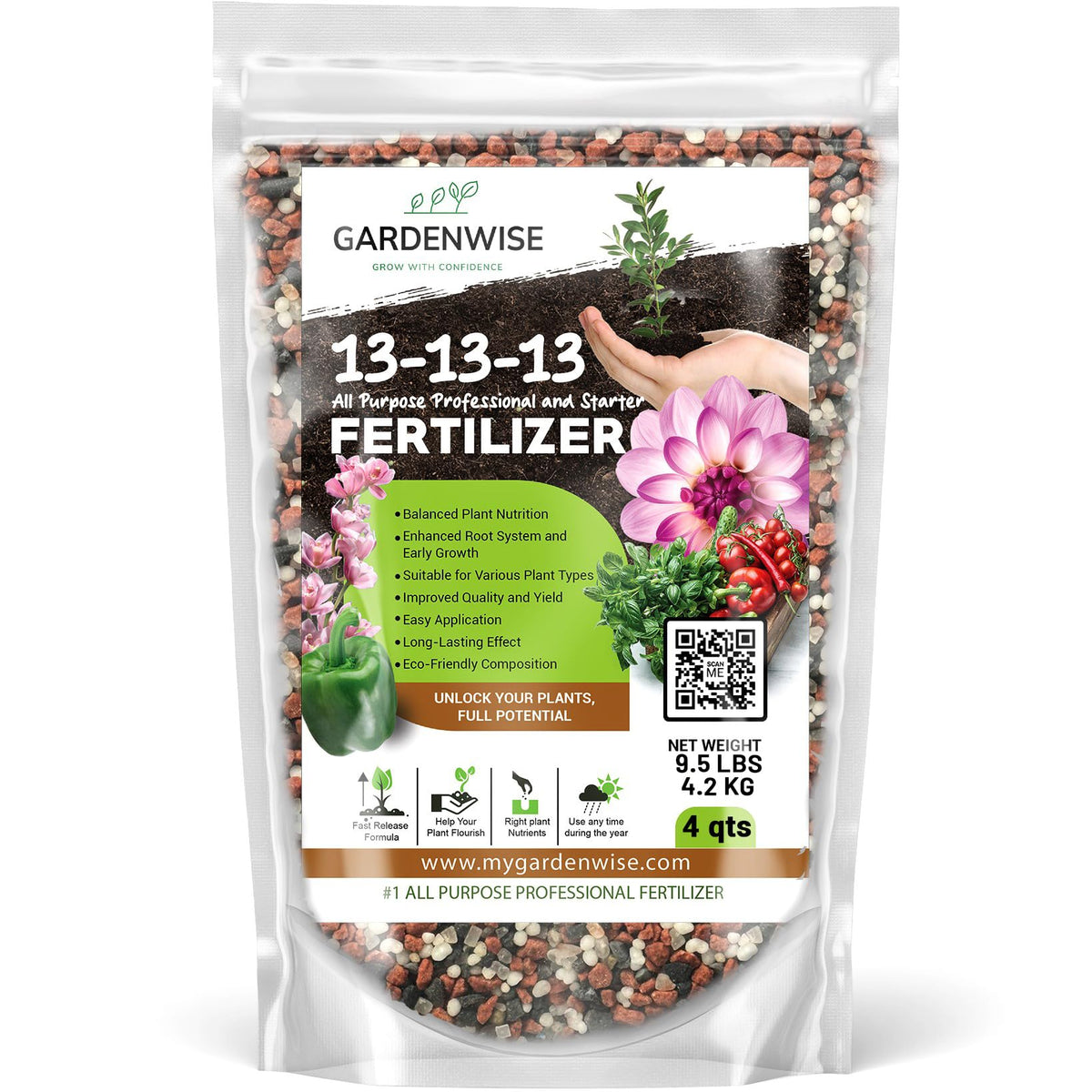Gardenwise 13-13-13 slow-release fertilizer bottle shows balanced nutrients for steady lawn growth