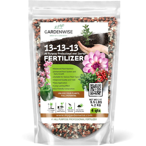Gardenwise 13-13-13 slow-release fertilizer bottle shows balanced nutrients for steady lawn growth