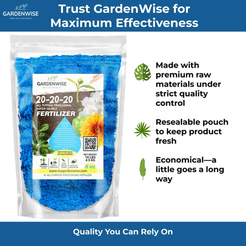 Gardenwise 20-20-20 fertilizer for orchids highlights orchid care with balanced nutrition.