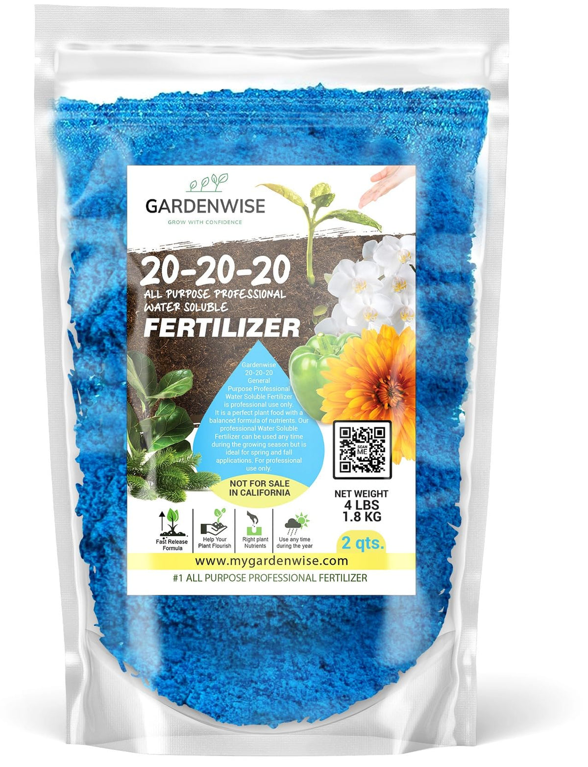 Gardenwise 20-20-20 fertilizer packaging for powder helps ready-to-use plant feeding.