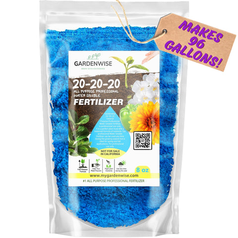 Gardenwise 20-20-20 fertilizer bottle provides balanced indoor and outdoor plant nutrition